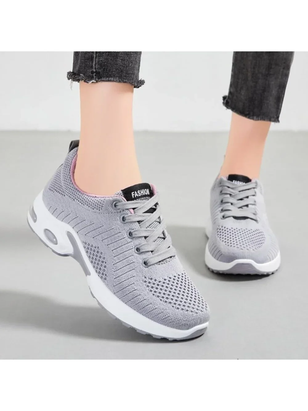 Women's Grey Grey Lightweight Air Cushion Mesh Breathable Casual Sneakers